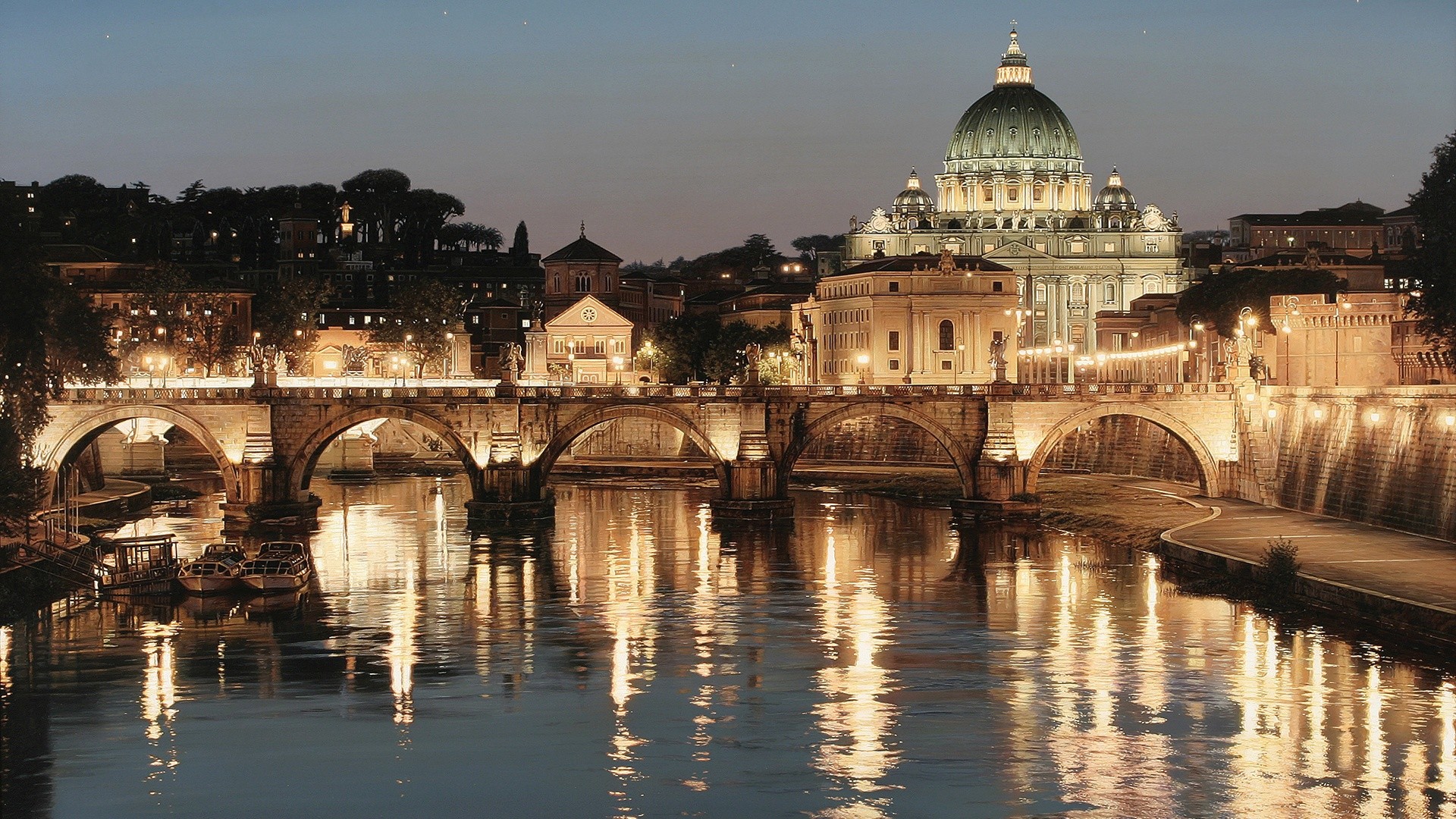 Basilica di San Pietro, Ponte Sant'Angelo, Tevere, Roma, Notte, Riflessi, wallpaper 1920x1080