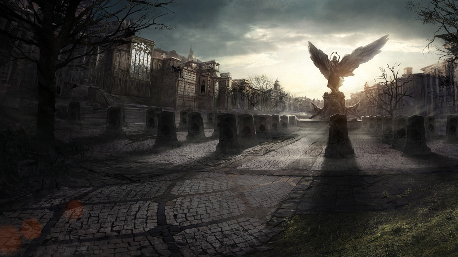 Città in rovina, Statua alata, Cimitero, Arte fantasy, 16:9 Full HD, sfondo widescreen