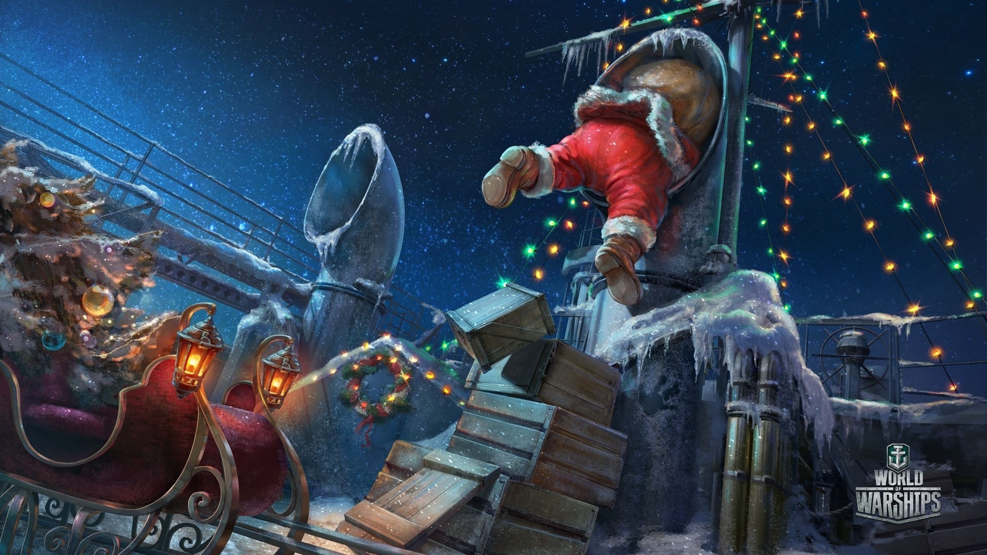 Babbo Natale, World of Warships, Slitta, Notte, Full HD, sfondo per portatile