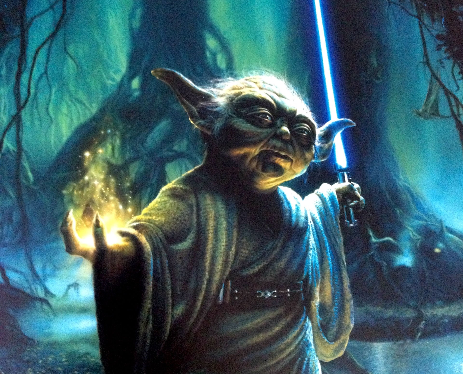 Yoda, Spada laser blu, Pittura digitale, Foresta, Full HD, sfondo per PC