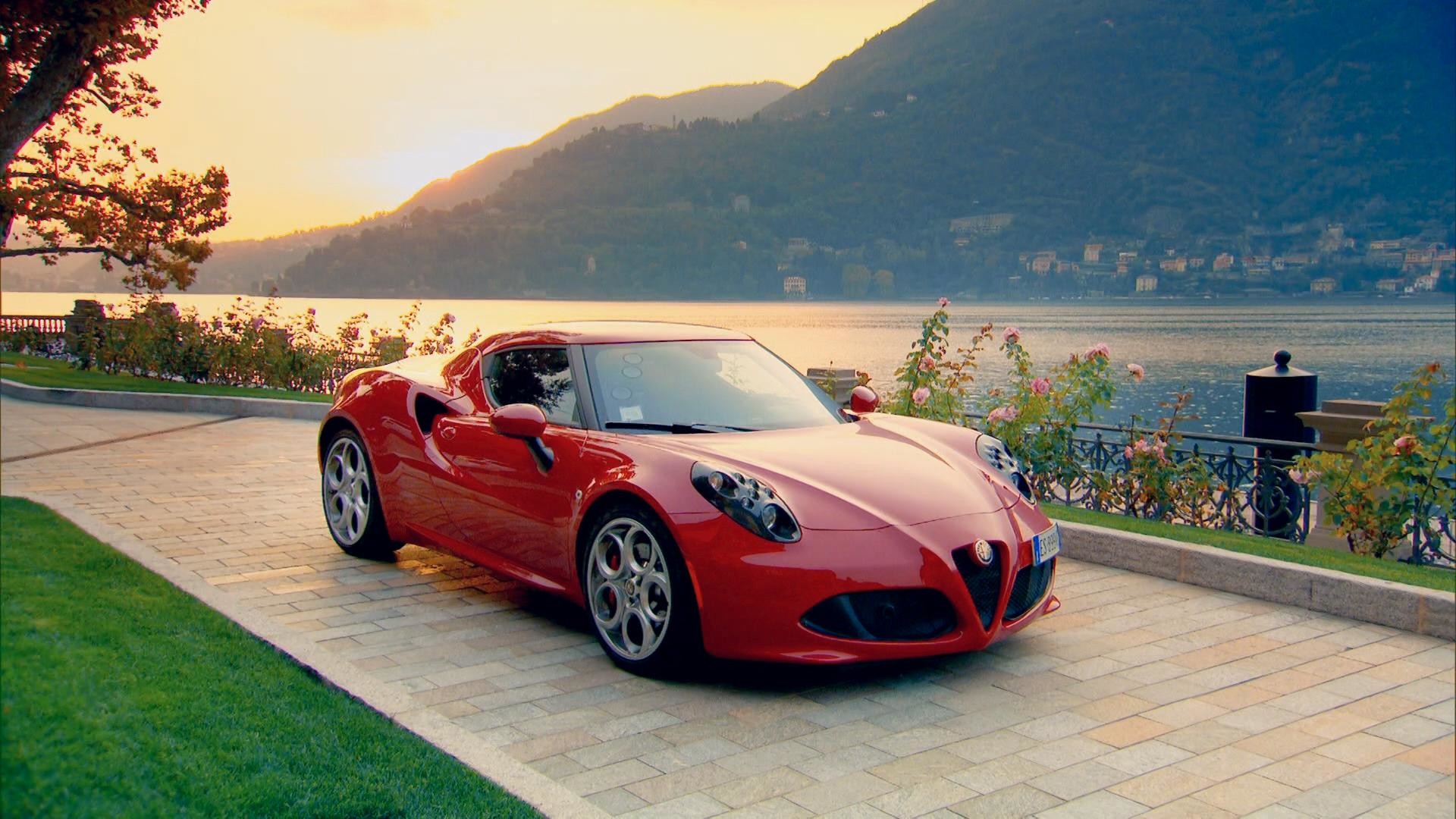 Alfa Romeo 4C, Rosso, Lago di Como, Tramonto, Full HD, sfondo per PC