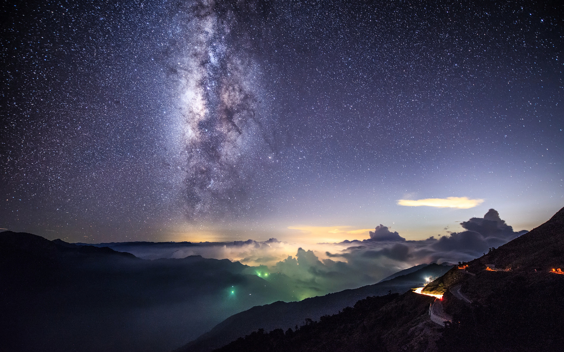 Via Lattea, Nuvole, Montagne, Notte, Full HD, wallpaper per portatile