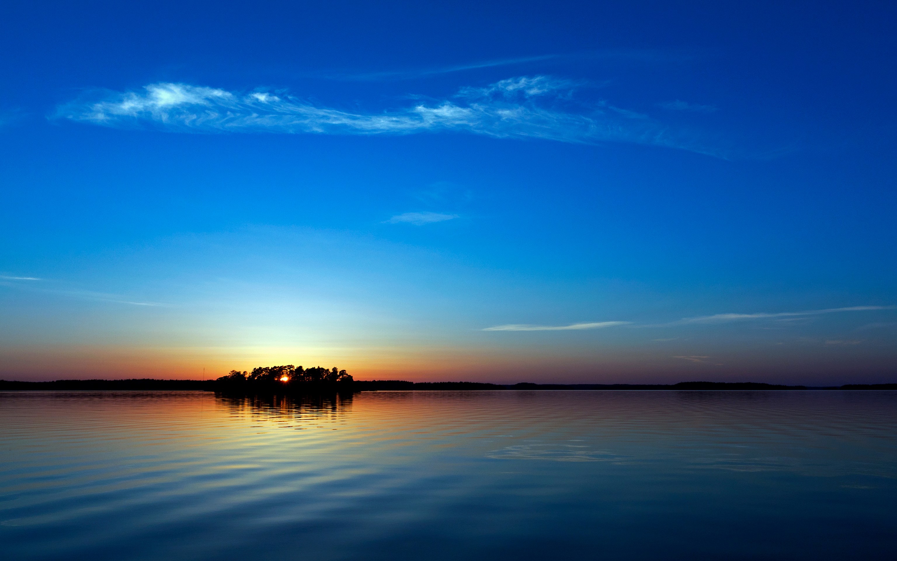 Tramonto, Lago, Isola, Cielo blu, 2K, sfondo per PC