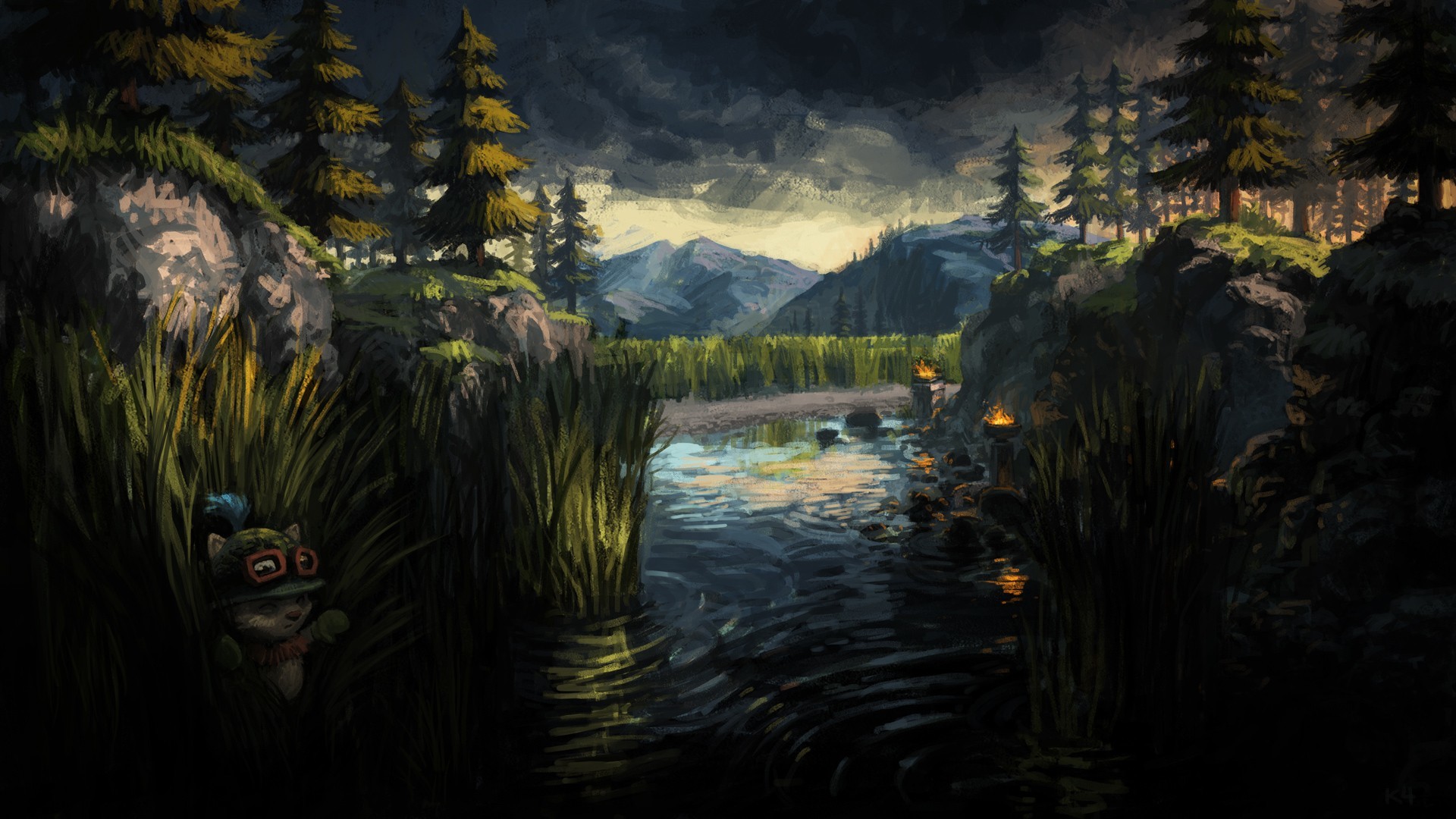 Teemo, League of Legends, Fiume, Foresta, Full HD, sfondo Windows 11