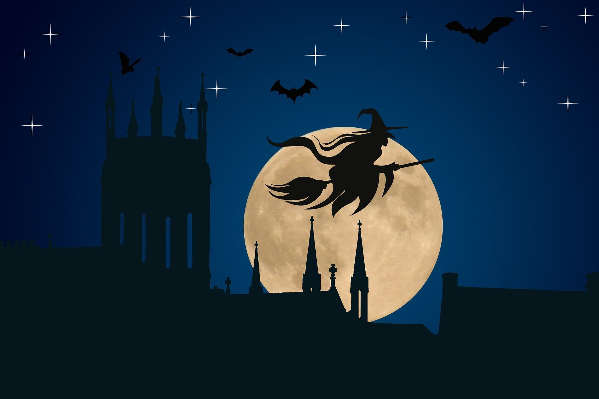 Strega, Luna piena, Pipistrelli, Notte stellata, Full HD, sfondo per PC e portatile