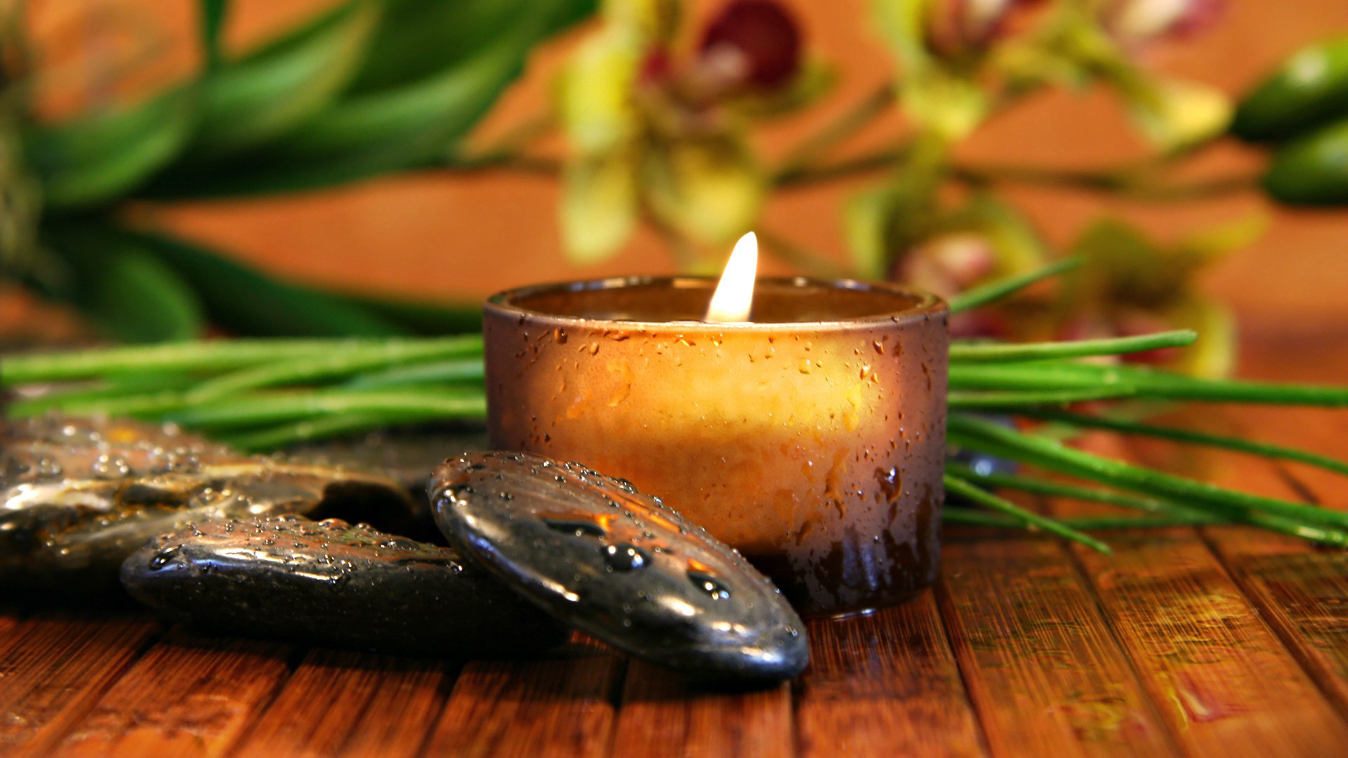 Candela, Pietre nere, Spa, Orchidee, Full HD, sfondo desktop