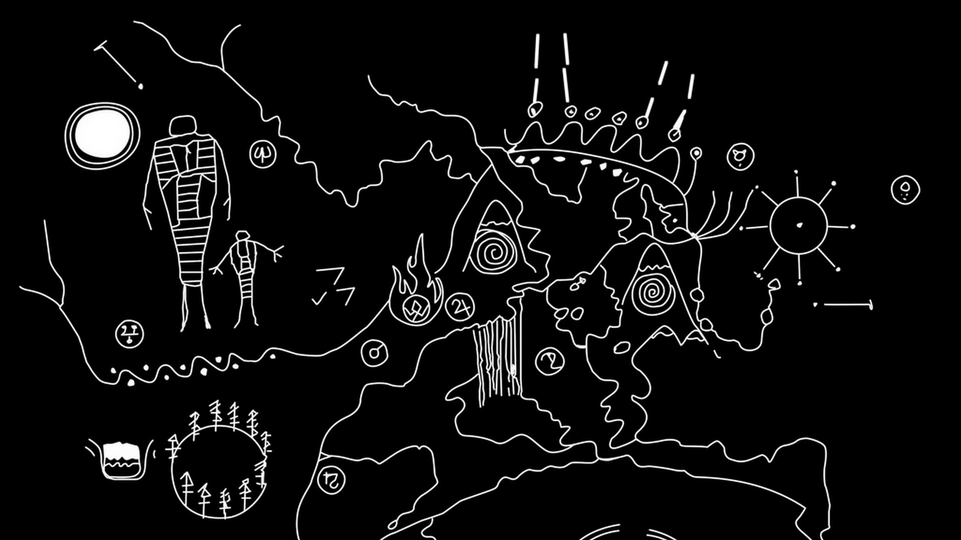 Twin Peaks, Mappa della Owl Cave, Petroglifi, Line art, Sfondo nero, wallpaper per portatile