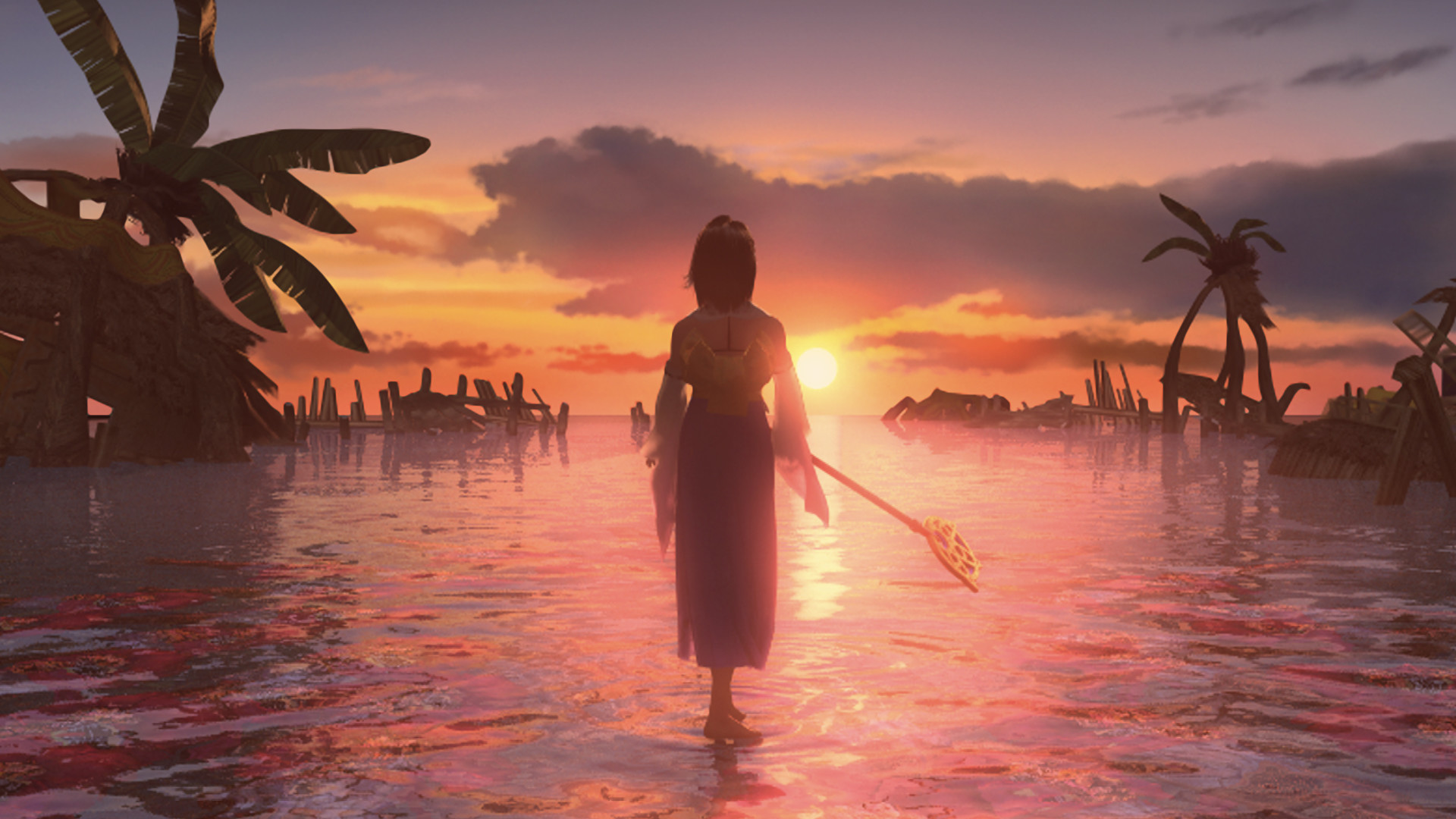 Yuna, Final Fantasy X, Mandare, Tramonto, Mare, 1920x1080, sfondo per PC