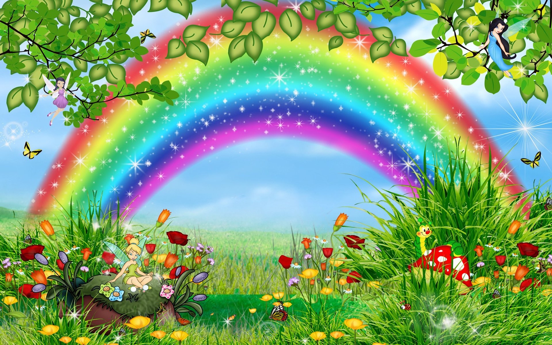 Arcobaleno, Fiori, Fata, Illustrazione, 16:10 Full HD, wallpaper widescreen