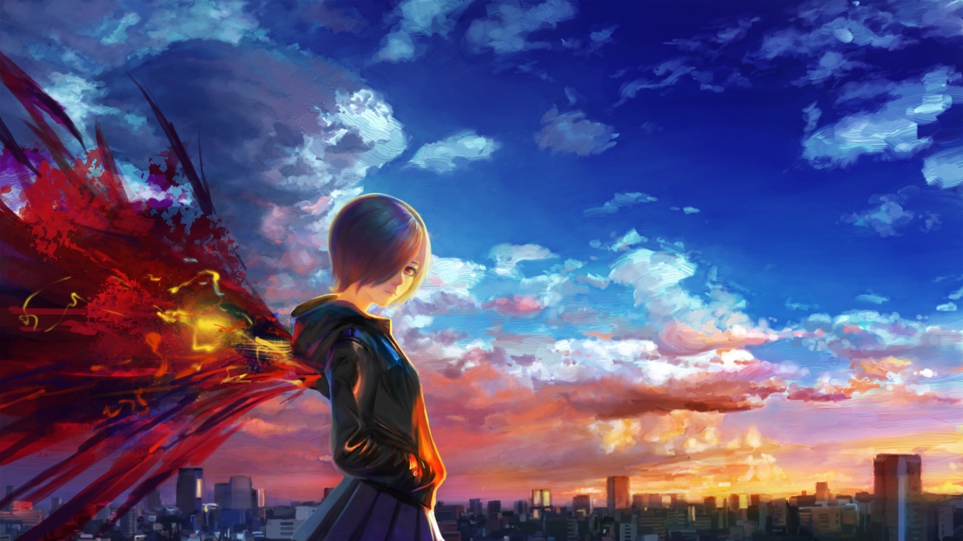 Touka Kirishima, Tokyo Ghoul, Kagune, Cielo al tramonto, Full HD, sfondo desktop