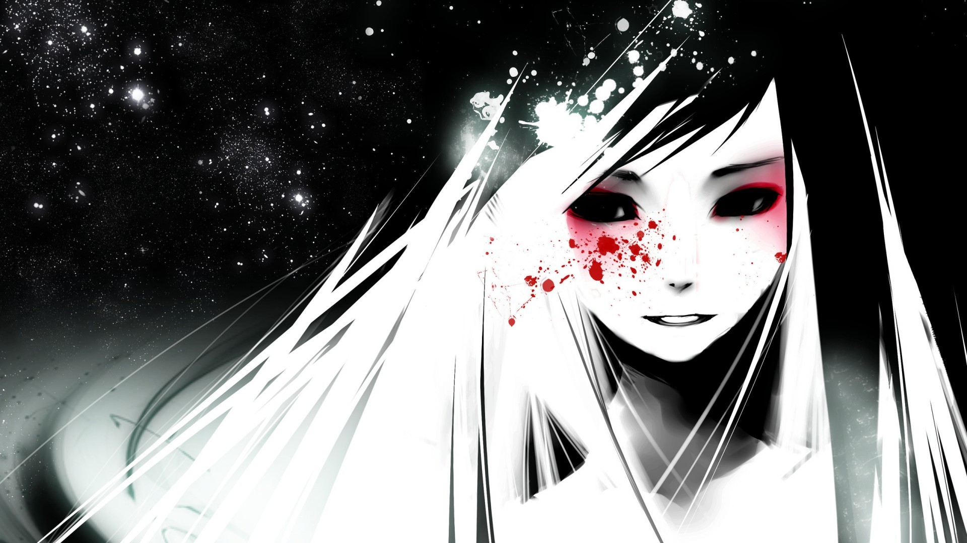 Ragazza anime, Bianco e nero, Schizzi rossi, Cielo stellato, 16:9 Full HD, sfondo widescreen