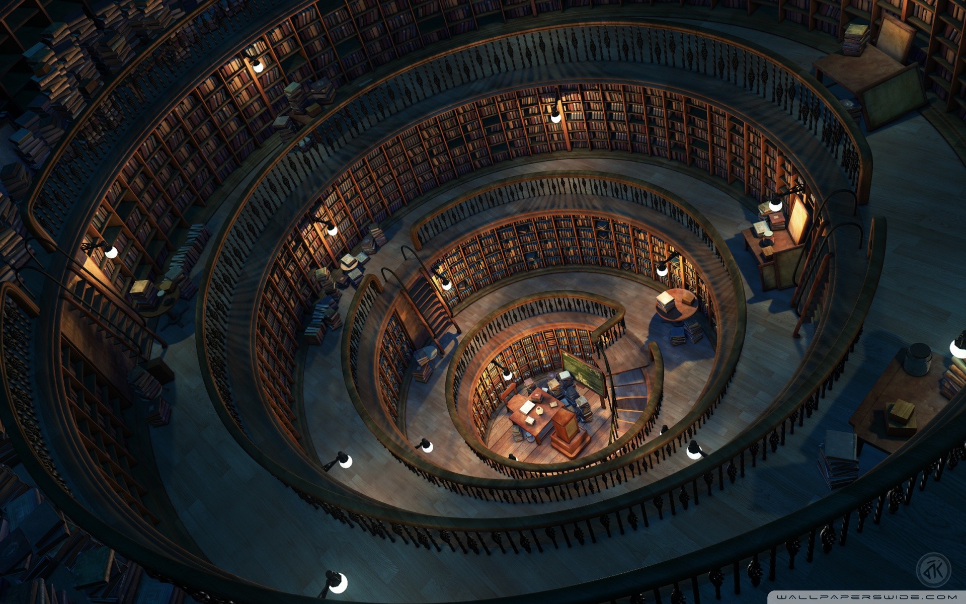 Biblioteca circolare, Fantasy, Vista dall'alto, Spirale, Full HD, sfondo per PC e portatile