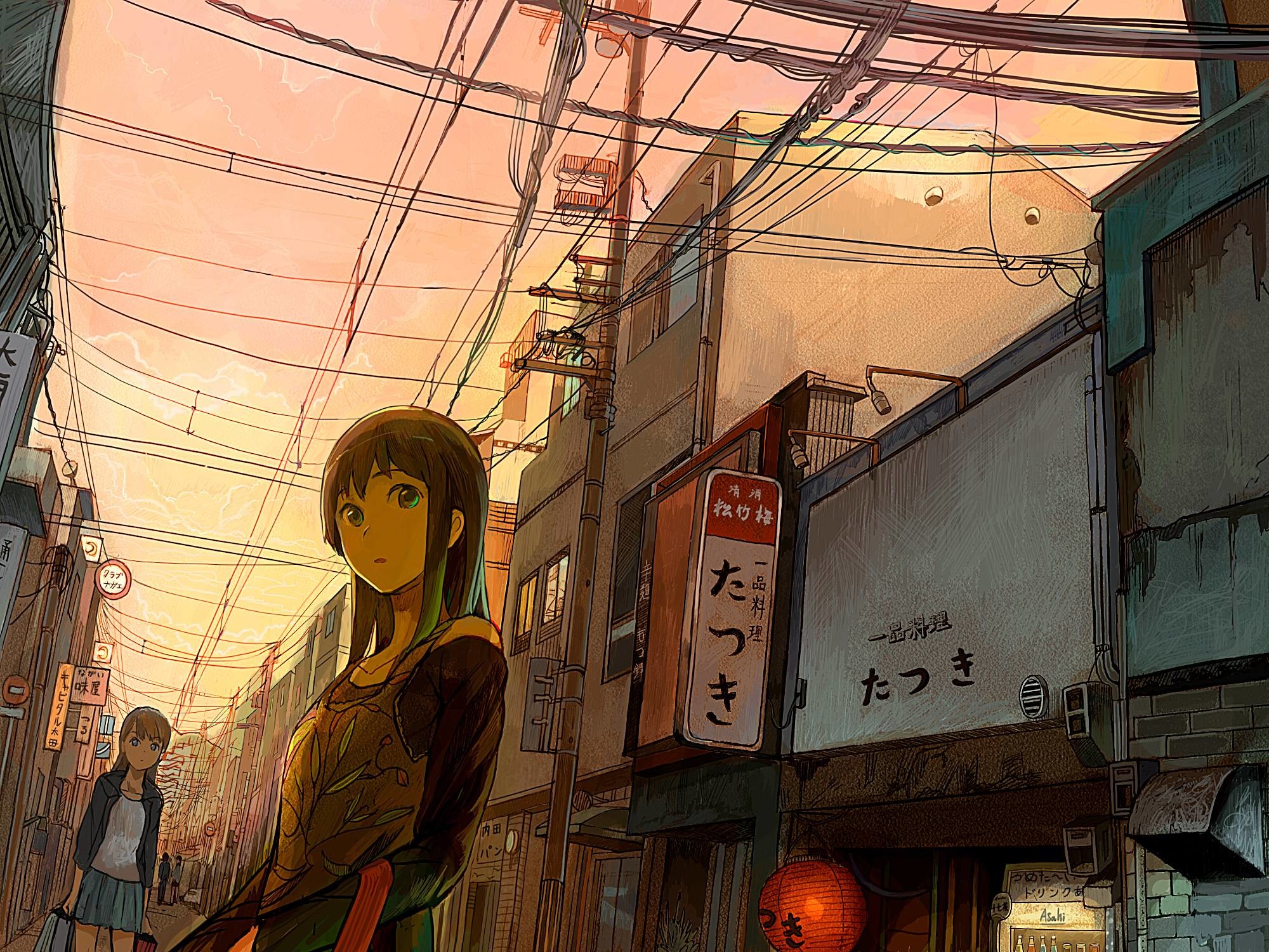 Ragazza anime, Vicolo giapponese, Cavi elettrici, Insegne, Tramonto, schermata Home iPad