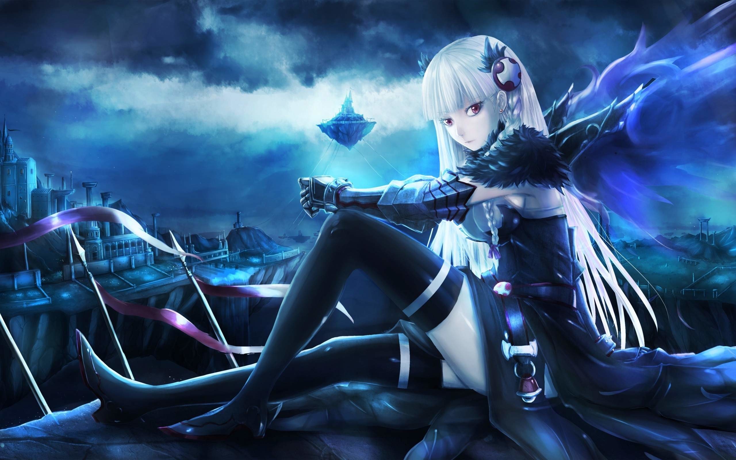 Ragazza anime, Capelli bianchi, Città fantasy, Notte, 2K, sfondo per PC