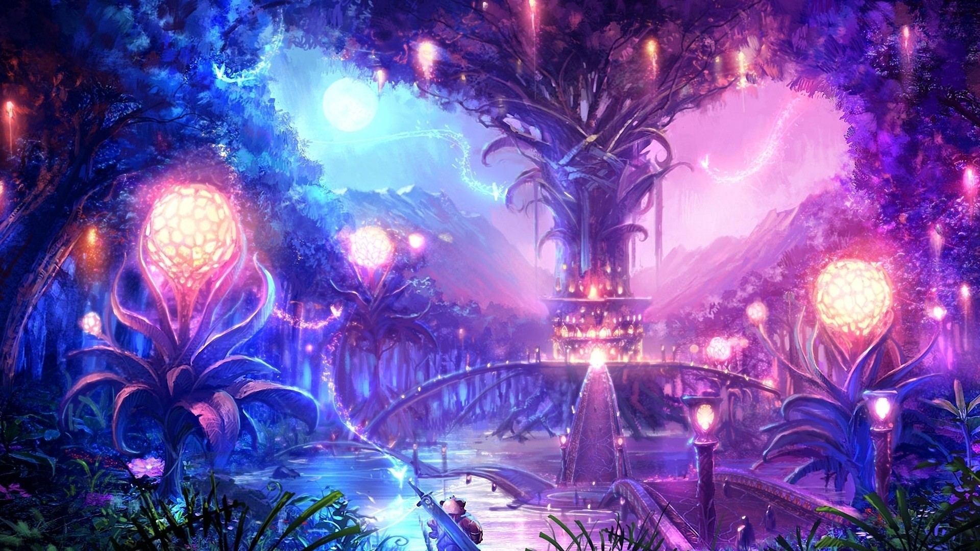 Foresta incantata, Albero luminoso, Luci magiche, Viola, Fantasy, sfondo widescreen Full HD