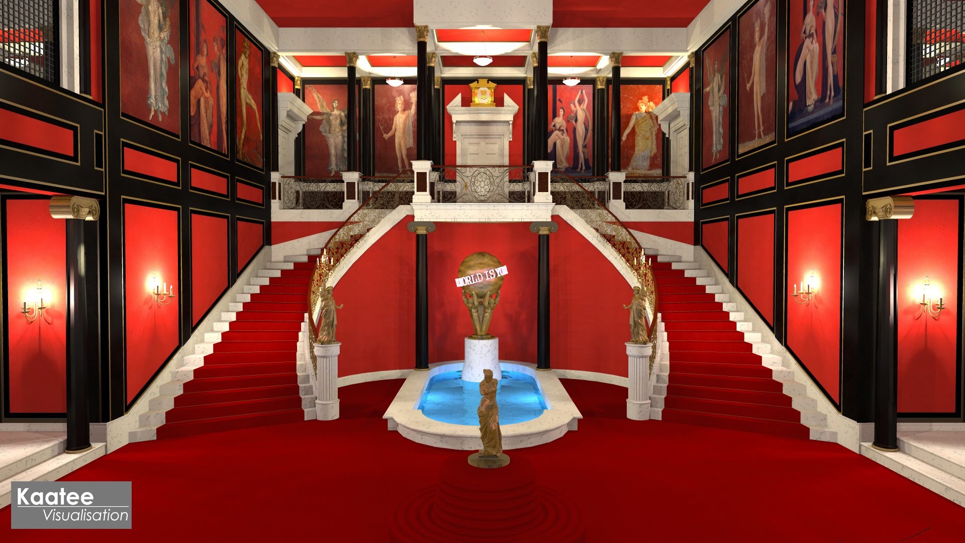 Villa di Tony Montana, Scarface, Scalinata, Rendering 3D, Interni rossi, sfondo Windows 11