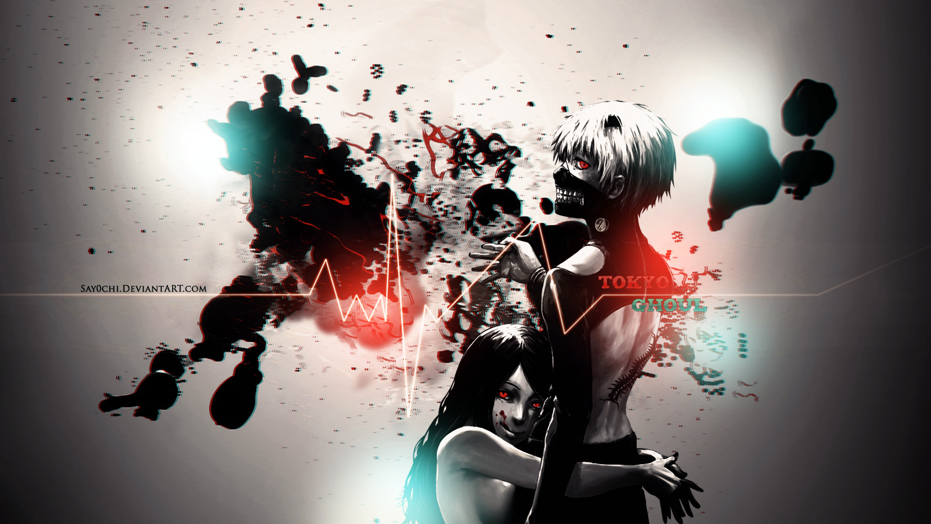 Ken Kaneki, Tokyo Ghoul, Schizzi di inchiostro, Arte digitale, 1920x1080, immagine di sfondo