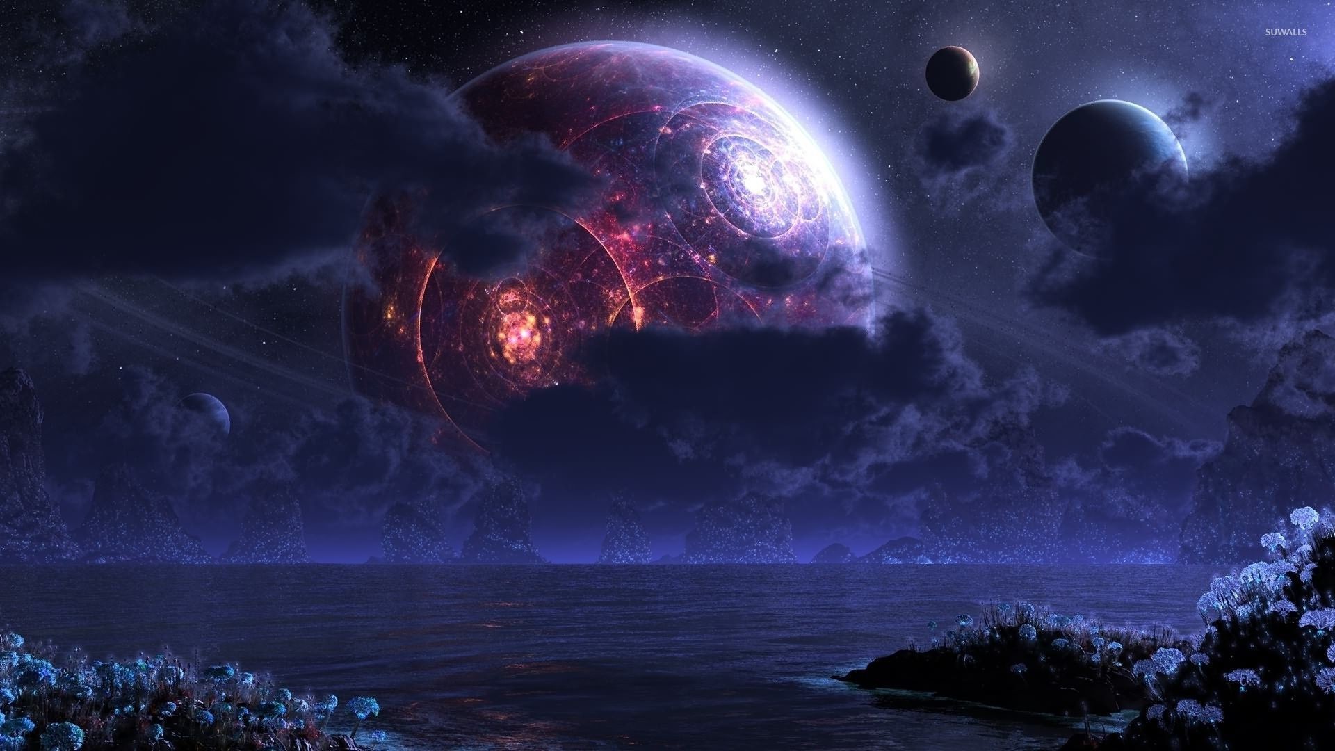 Pianeta, Lune, Fantascienza, Notte, 1920x1080, immagine di sfondo