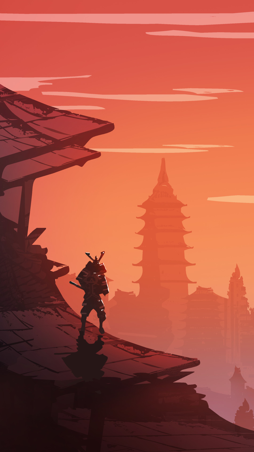 Samurai, Pagoda, Silhouette, Tramonto, Full HD, sfondo per smartphone