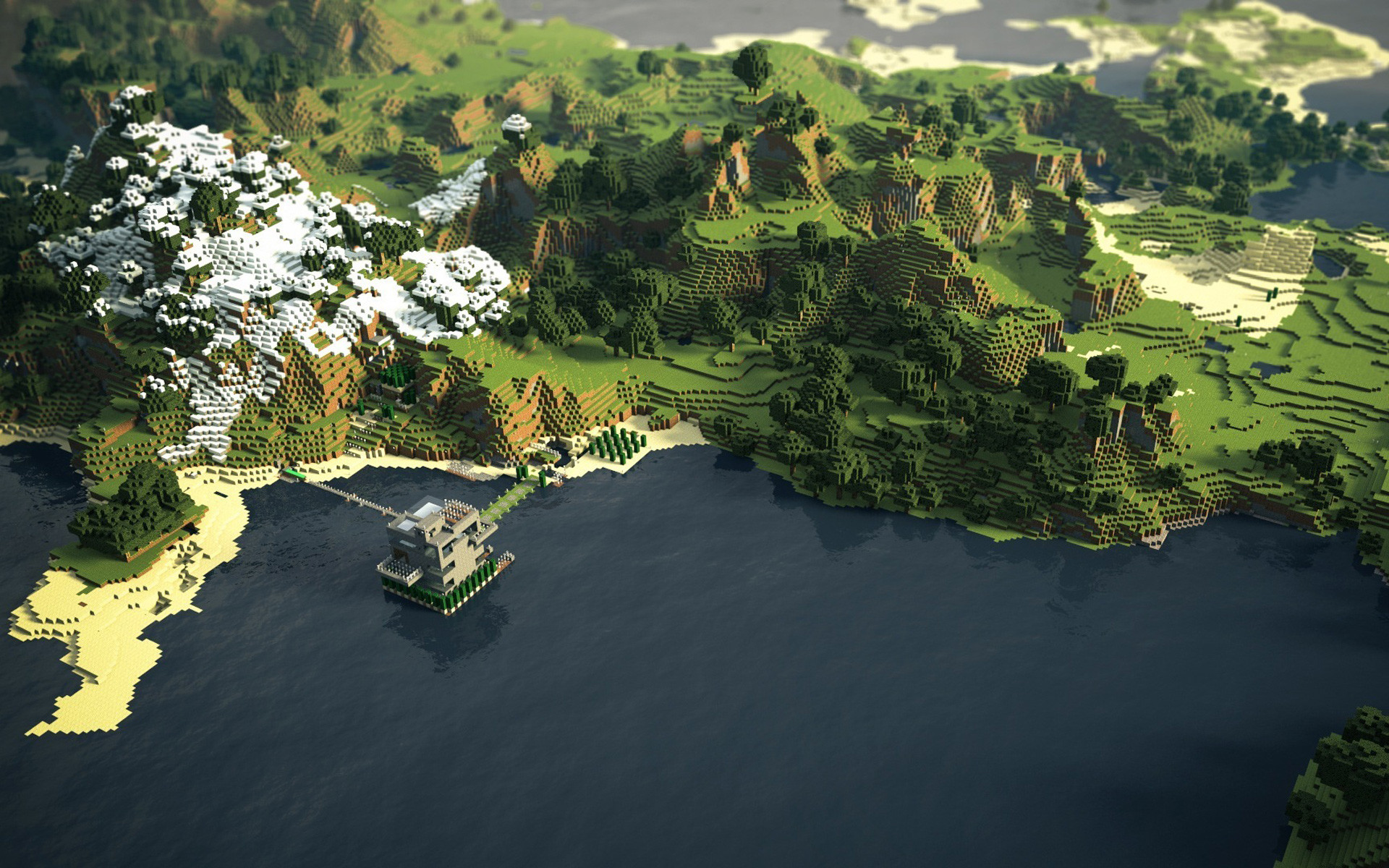 Minecraft, Paesaggio, Vista aerea, Mare, Montagne, 1920x1200, sfondo MacBook Pro