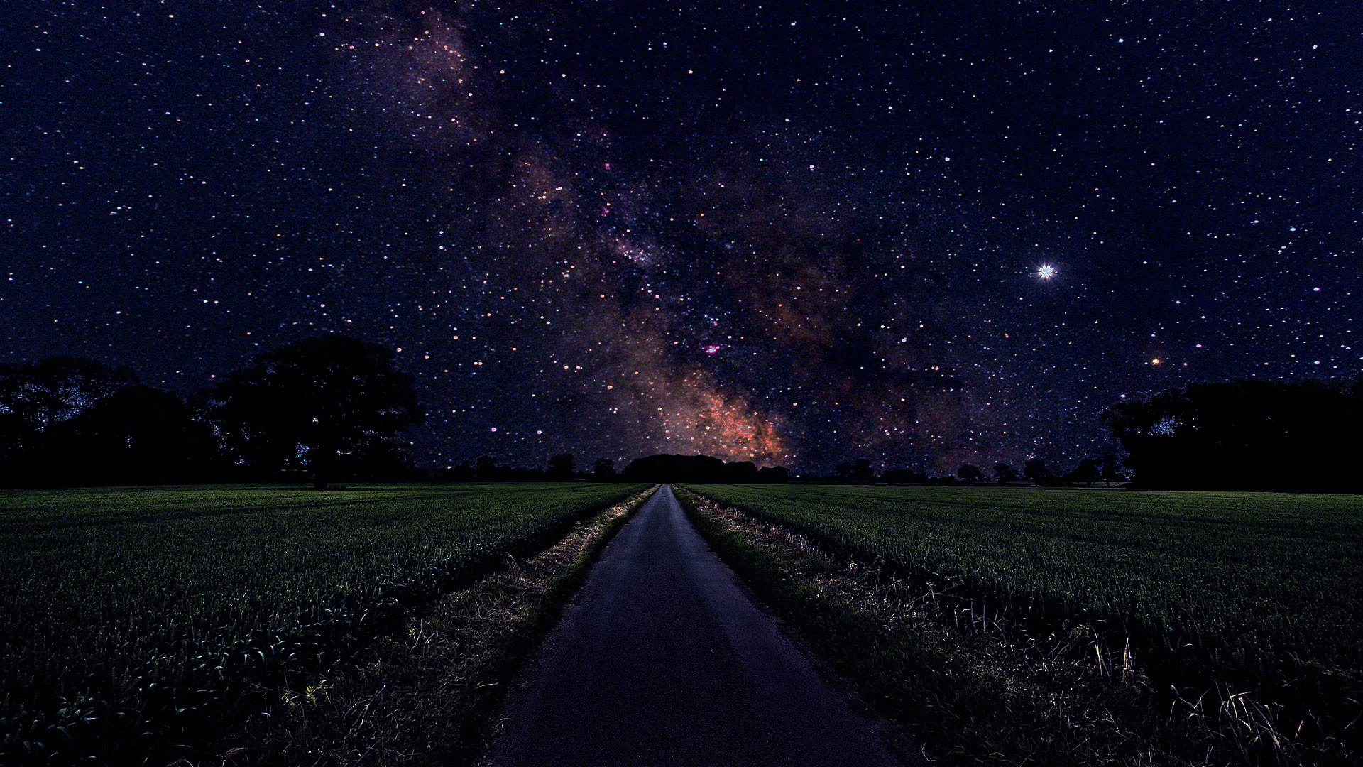 Via Lattea, Strada di campagna, Campi, Notte, Full HD, wallpaper desktop