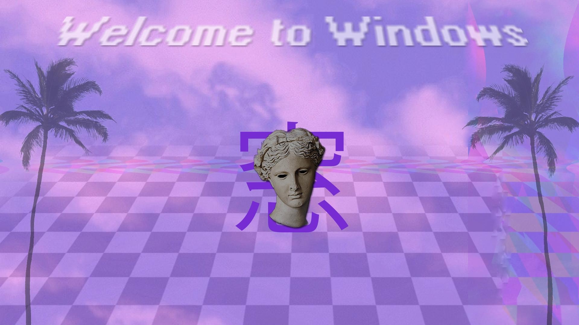 Welcome to Windows, Vaporwave, Busto greco, Palme, Scacchiera, Viola, wallpaper 1920x1080