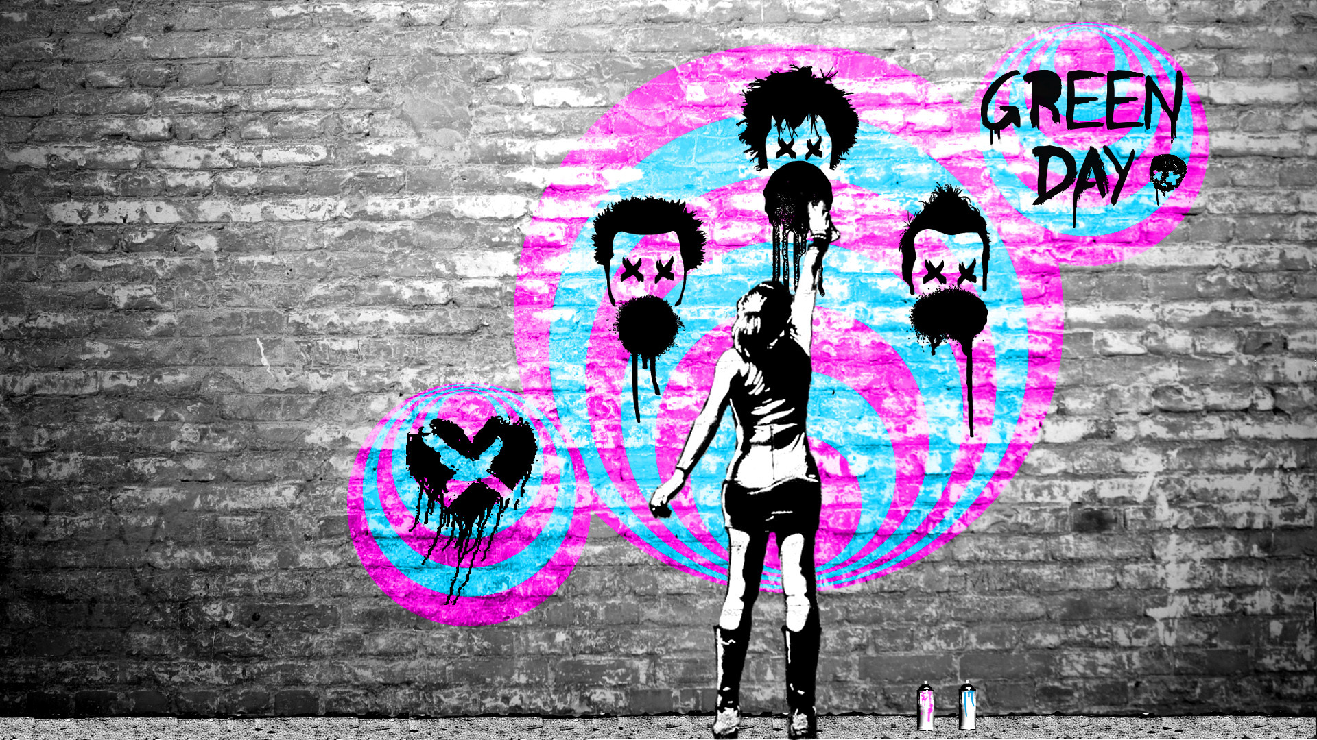 Green Day, Graffiti, Street art, Fucsia e azzurro, 1920x1080, immagine di sfondo