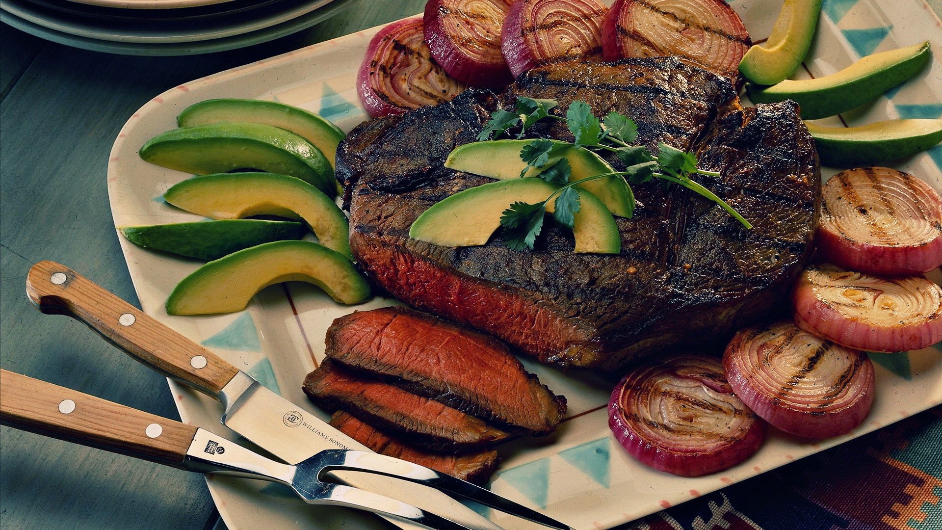 Bistecca, Avocado, Cipolle grigliate, Grigliata, 1920x1080, immagine di sfondo