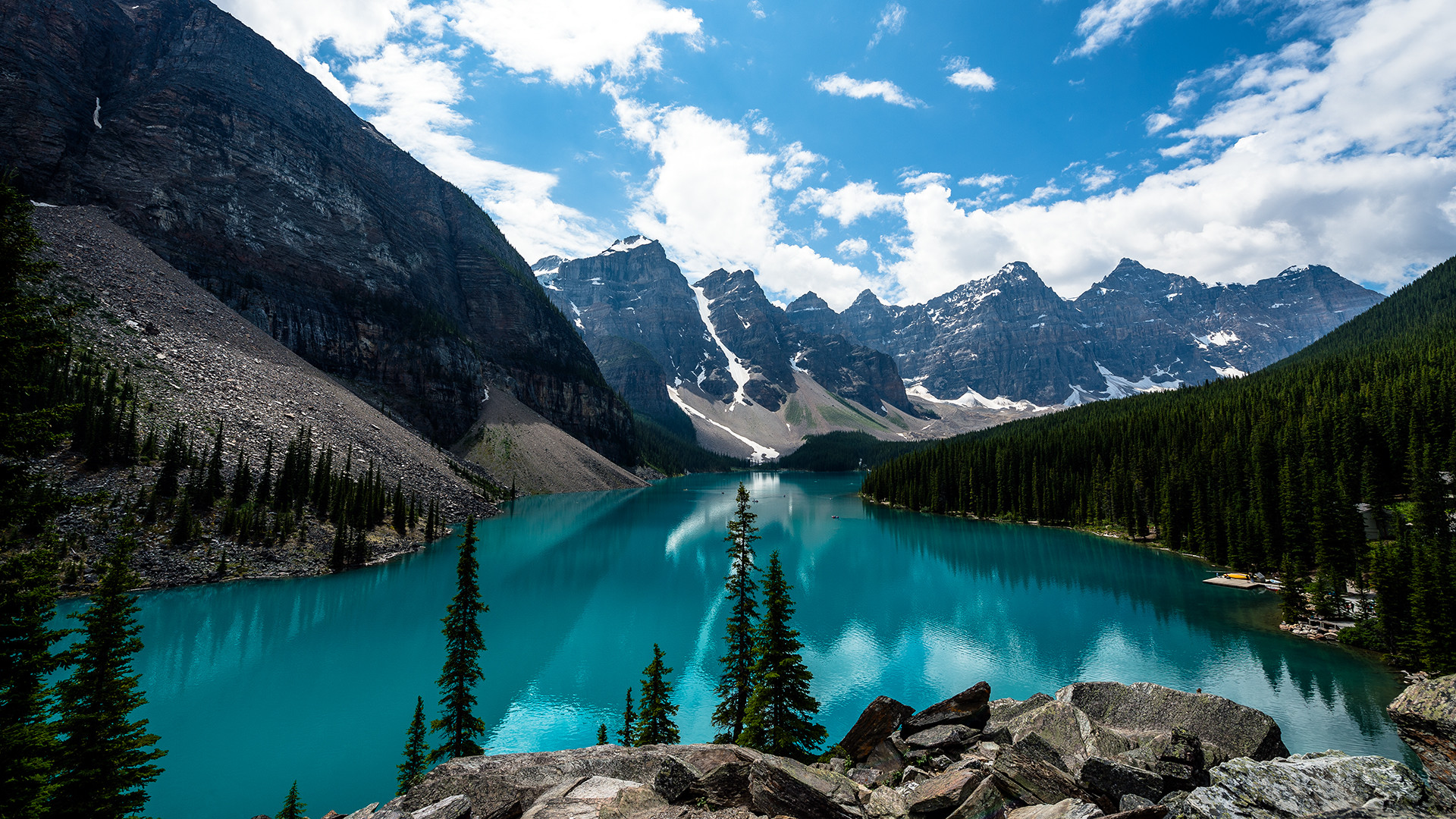 Lago Moraine, Parco nazionale di Banff, Canada, Montagne, 16:9 Full HD, sfondo widescreen