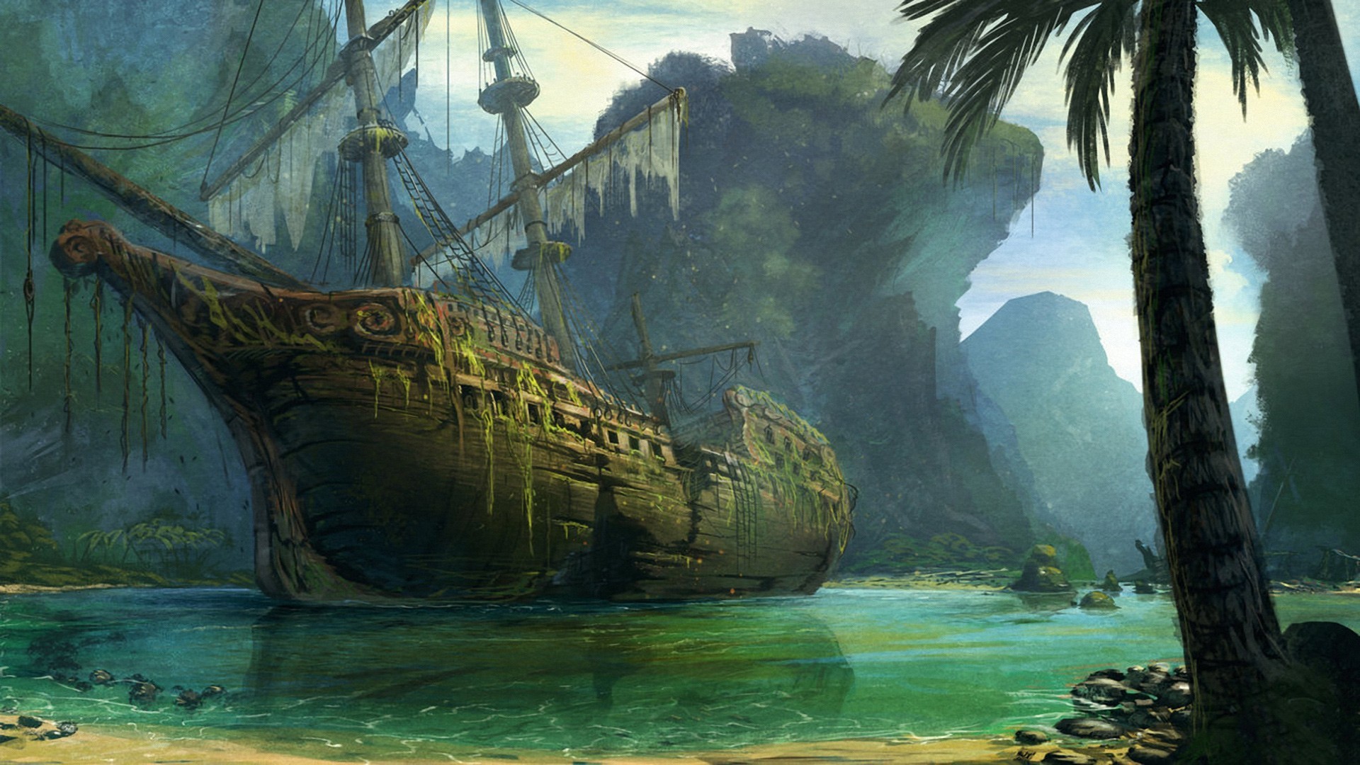 Nave naufragata, Laguna, Palme, Scogliere, Pirati, Fantasy, Full HD, sfondo per portatile