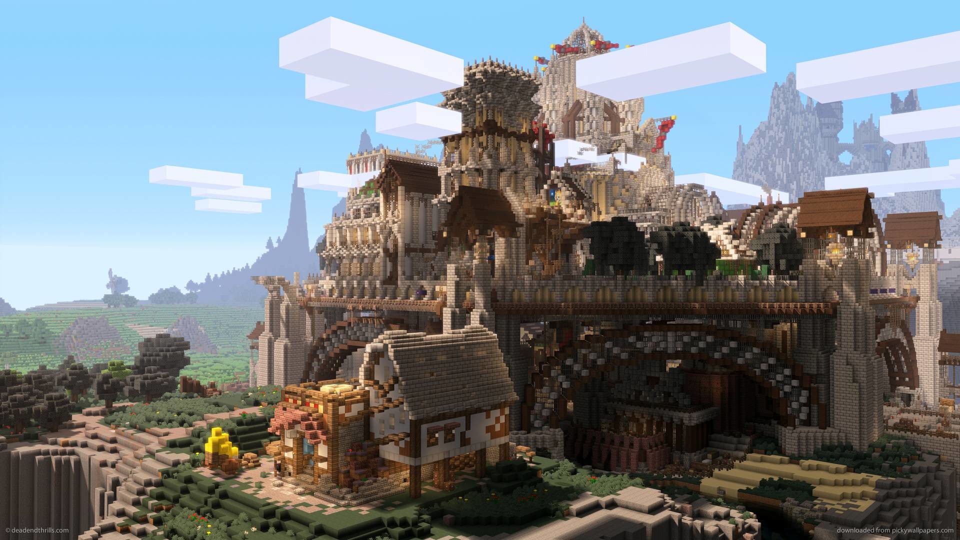 Minecraft, Città medievale, Costruzione, Ponte, Full HD, sfondo per PC e portatile