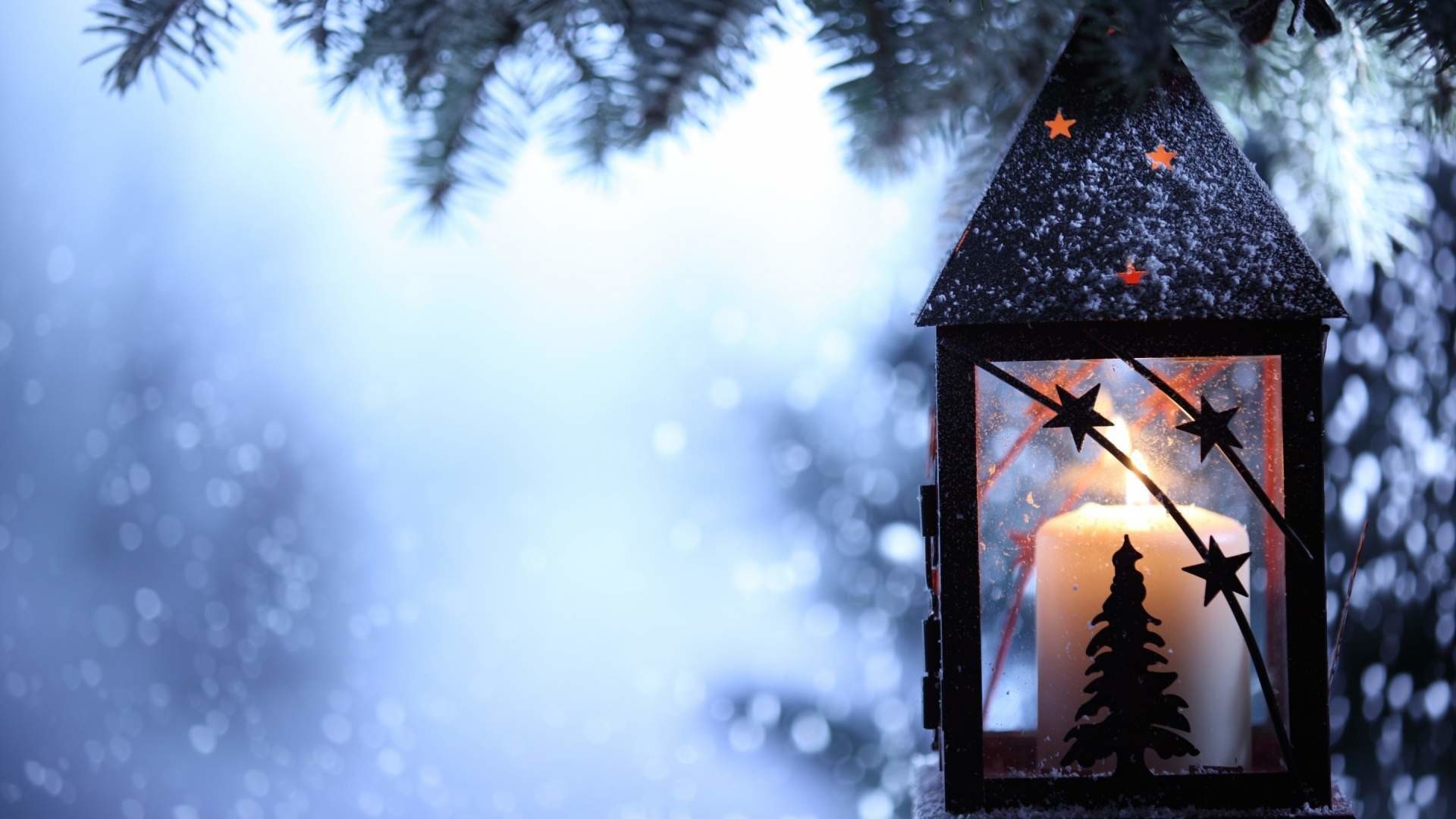Lanterna, Candela, Rami innevati, Bokeh, sfondo desktop