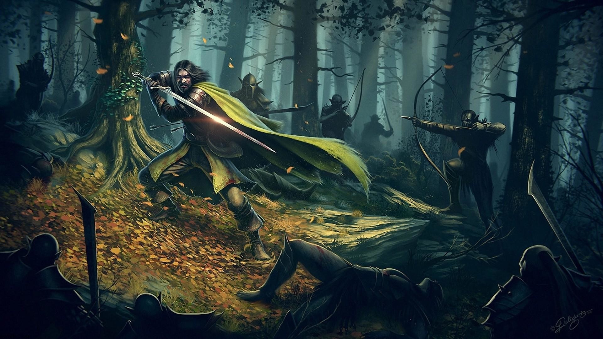 Il Signore degli Anelli, Foresta, Combattimento, Pittura, Full HD 1080p, sfondo desktop