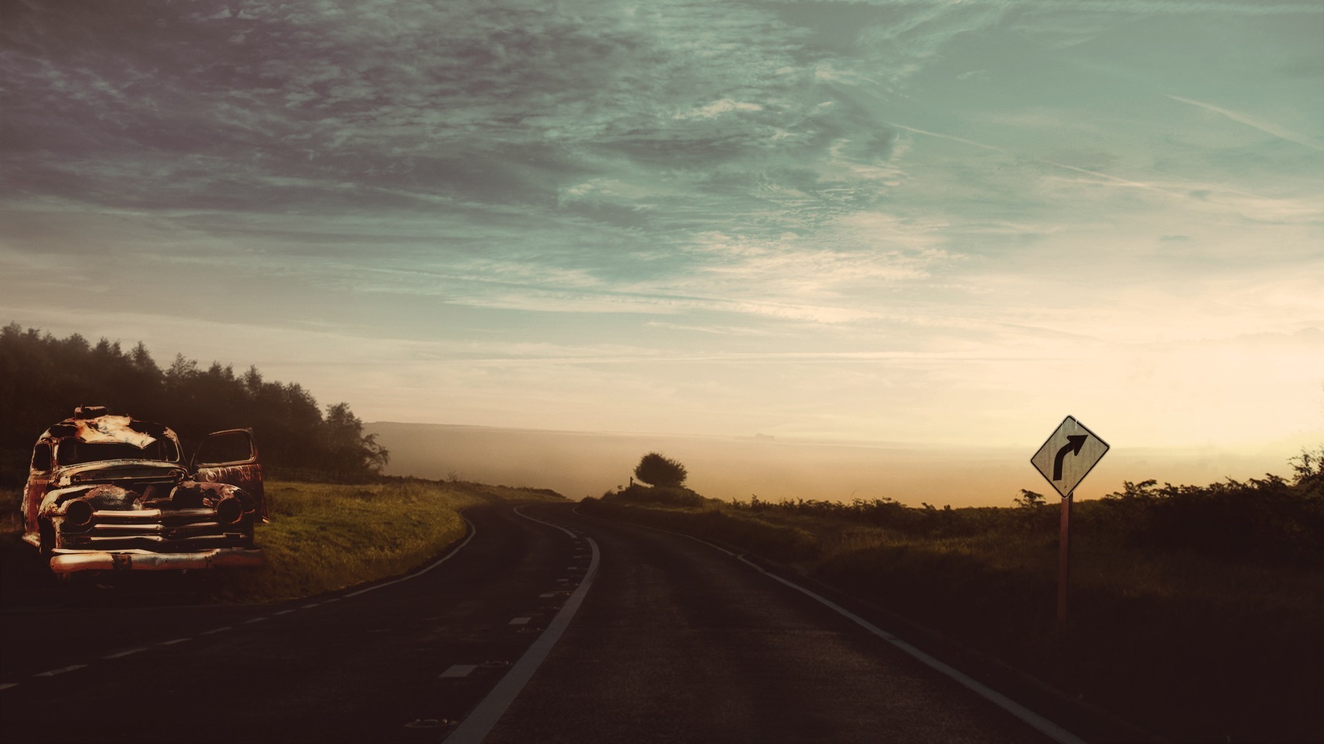 Auto d'epoca, Strada di campagna, Tramonto, Effetto vintage, Full HD, sfondo per PC