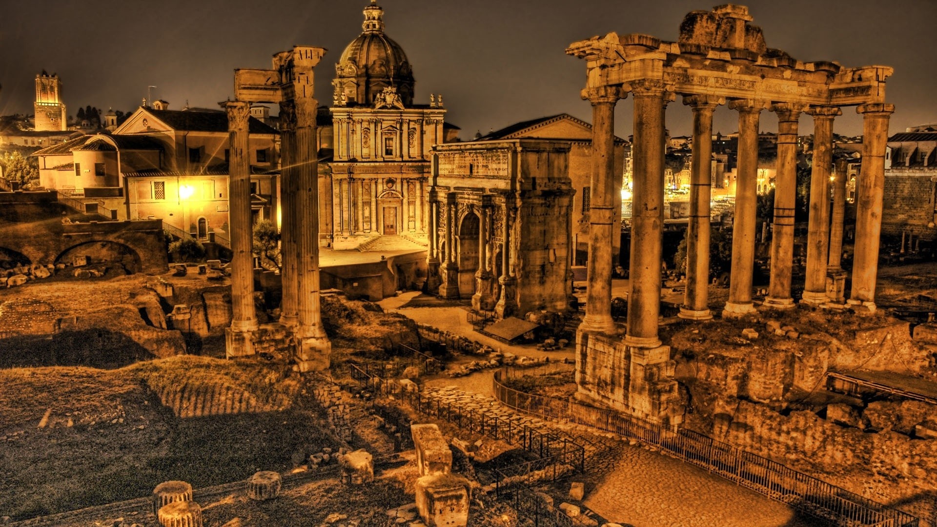 Foro Romano, Tempio di Saturno, Roma, Rovine, Notte, 1920x1080, immagine di sfondo
