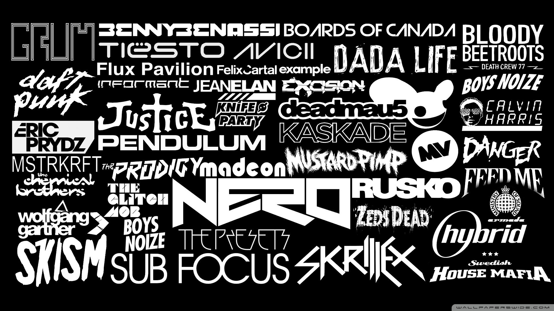 Loghi DJ, Tiësto, Avicii, Deadmau5, Skrillex, Daft Punk, Swedish House Mafia, sfondo per PC