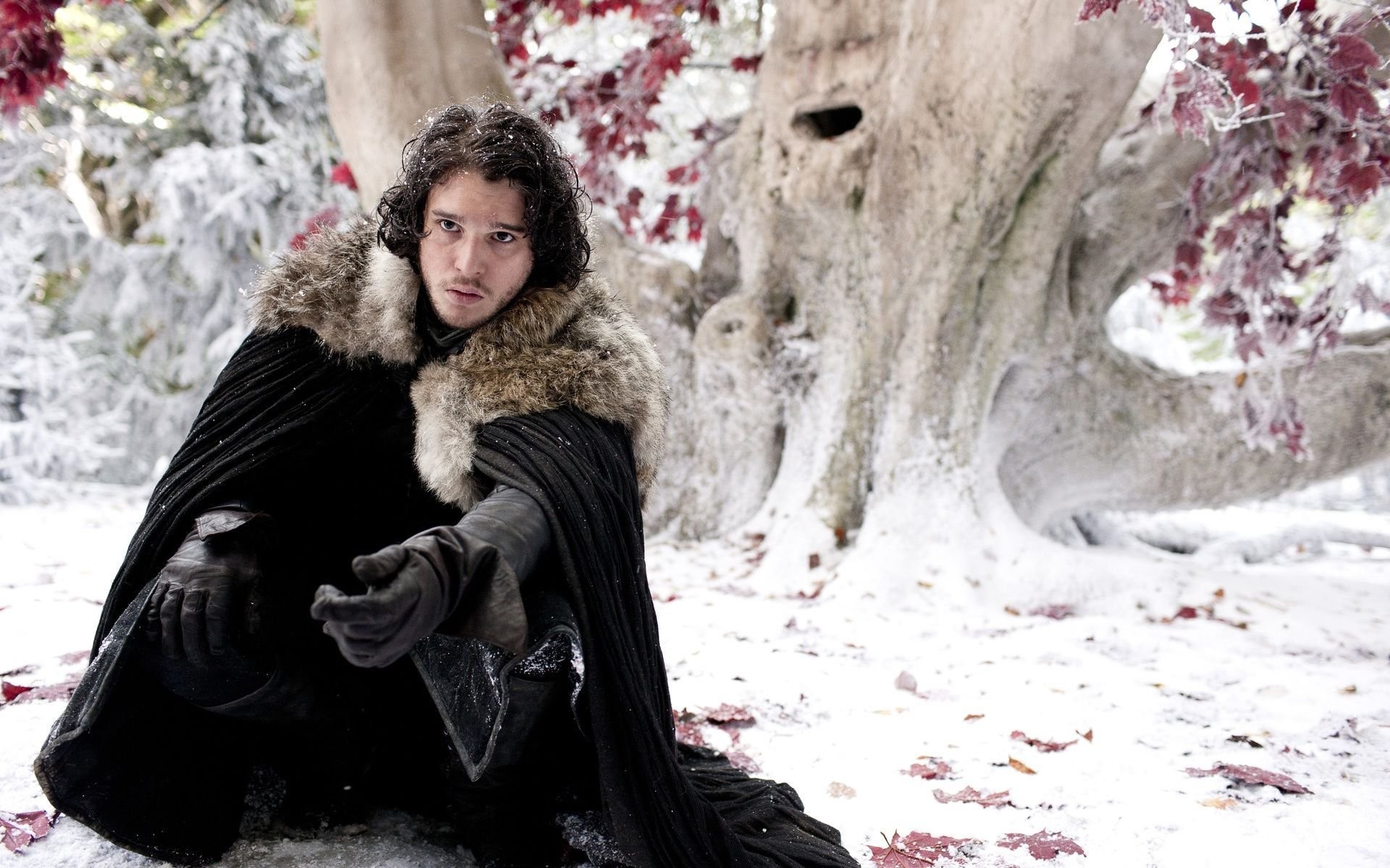 Jon Snow, Kit Harington, Albero-diga, Neve, Full HD, sfondo Windows 11