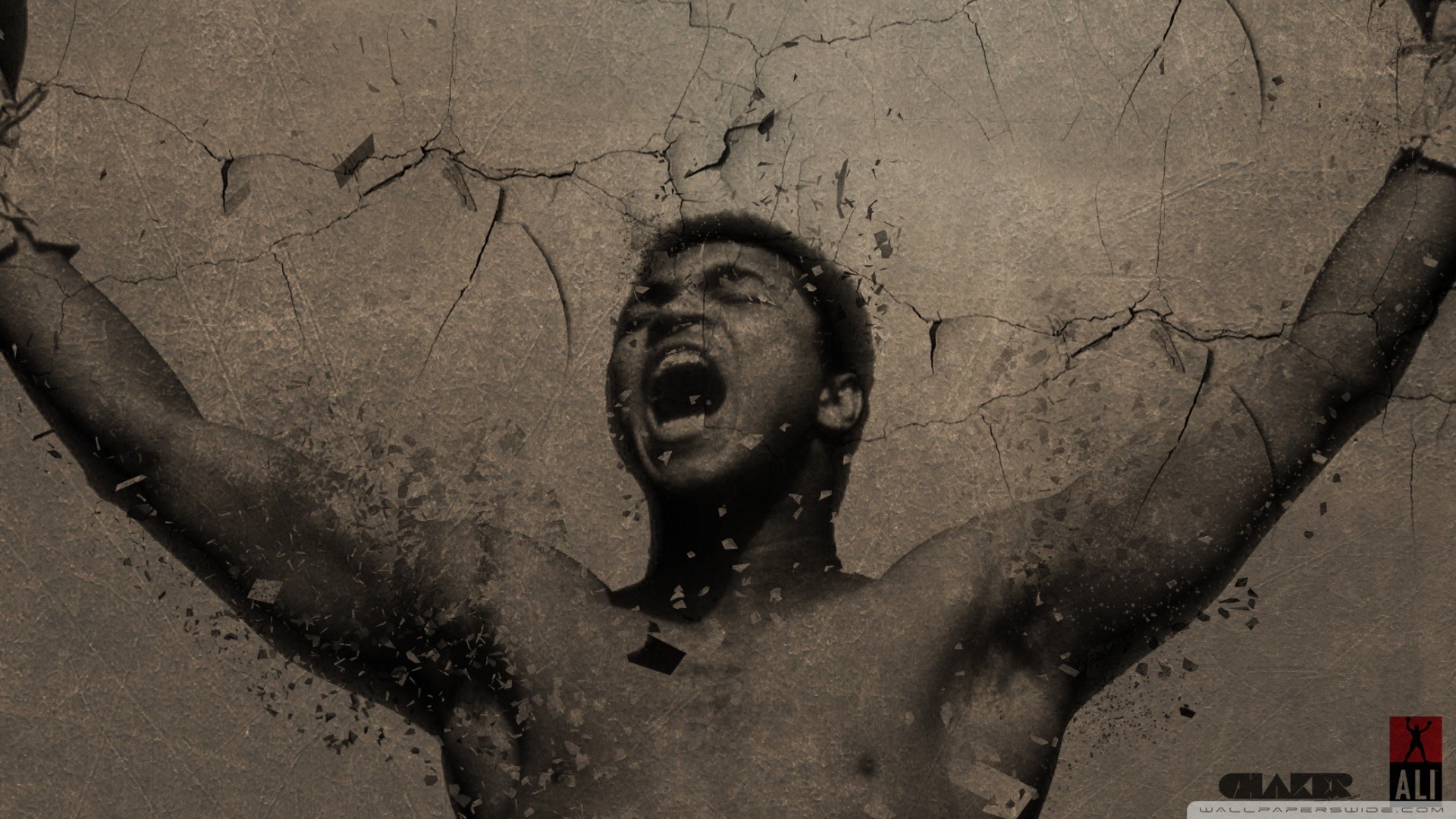 Muhammad Ali, Vittoria, Muro screpolato, Seppia, 16:9 Full HD, sfondo widescreen