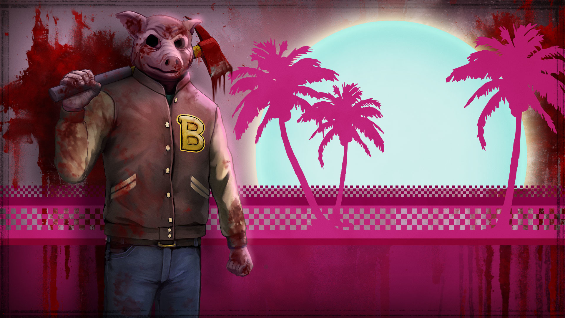 Hotline Miami 2, Maschera da maiale, Palme, Rosa, 1920x1080, sfondo per PC