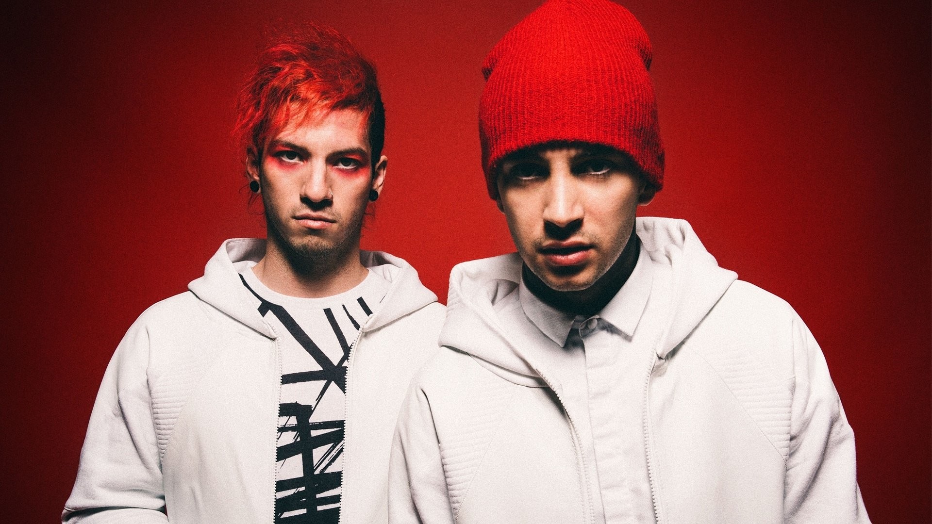 Josh Dun, Tyler Joseph, Twenty One Pilots, Sfondo rosso, 1920x1080, wallpaper desktop