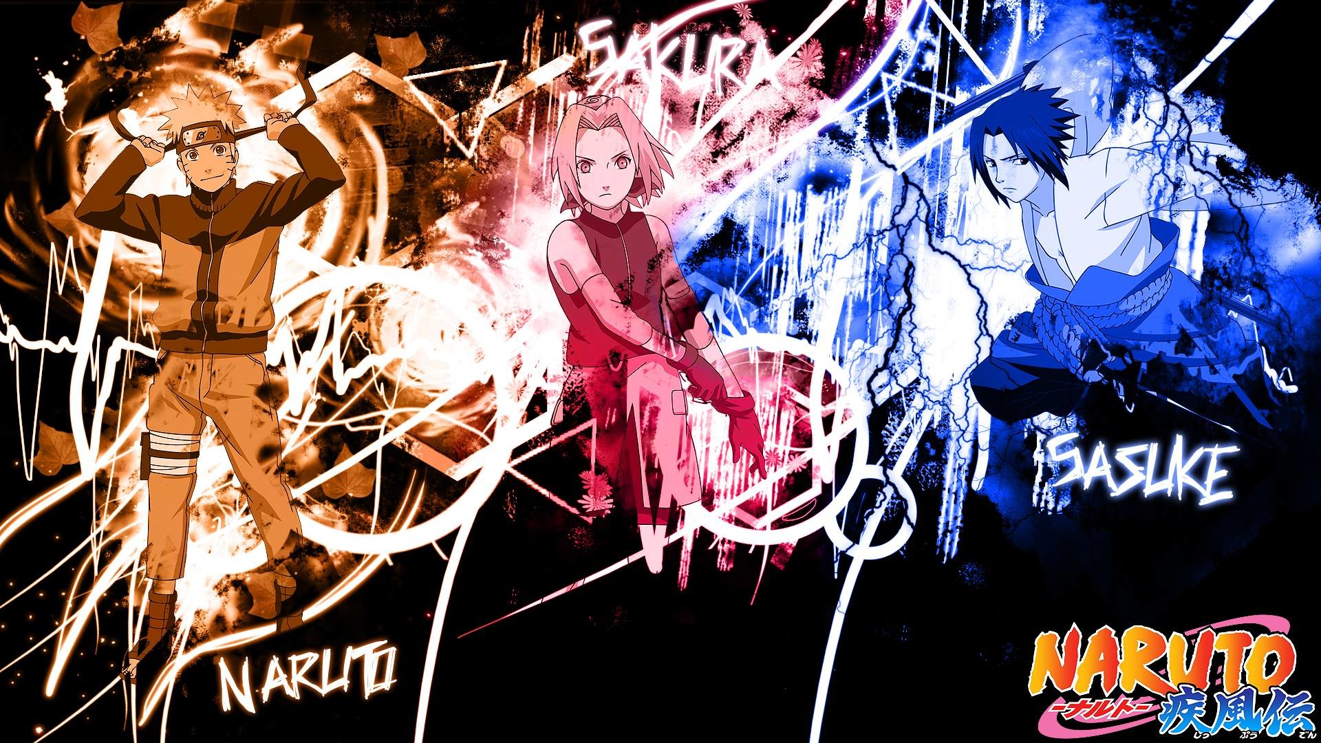 Naruto Uzumaki, Sakura Haruno, Sasuke Uchiha, Naruto Shippuden, Logo, sfondo 1920x1080 per PC