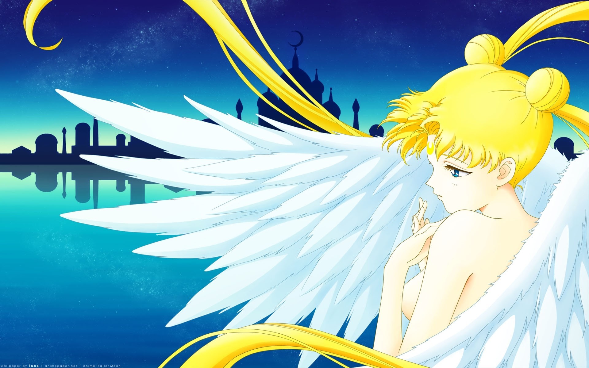 Usagi Tsukino, Sailor Moon, Ali d'angelo, Azzurro, Full HD, wallpaper per PC