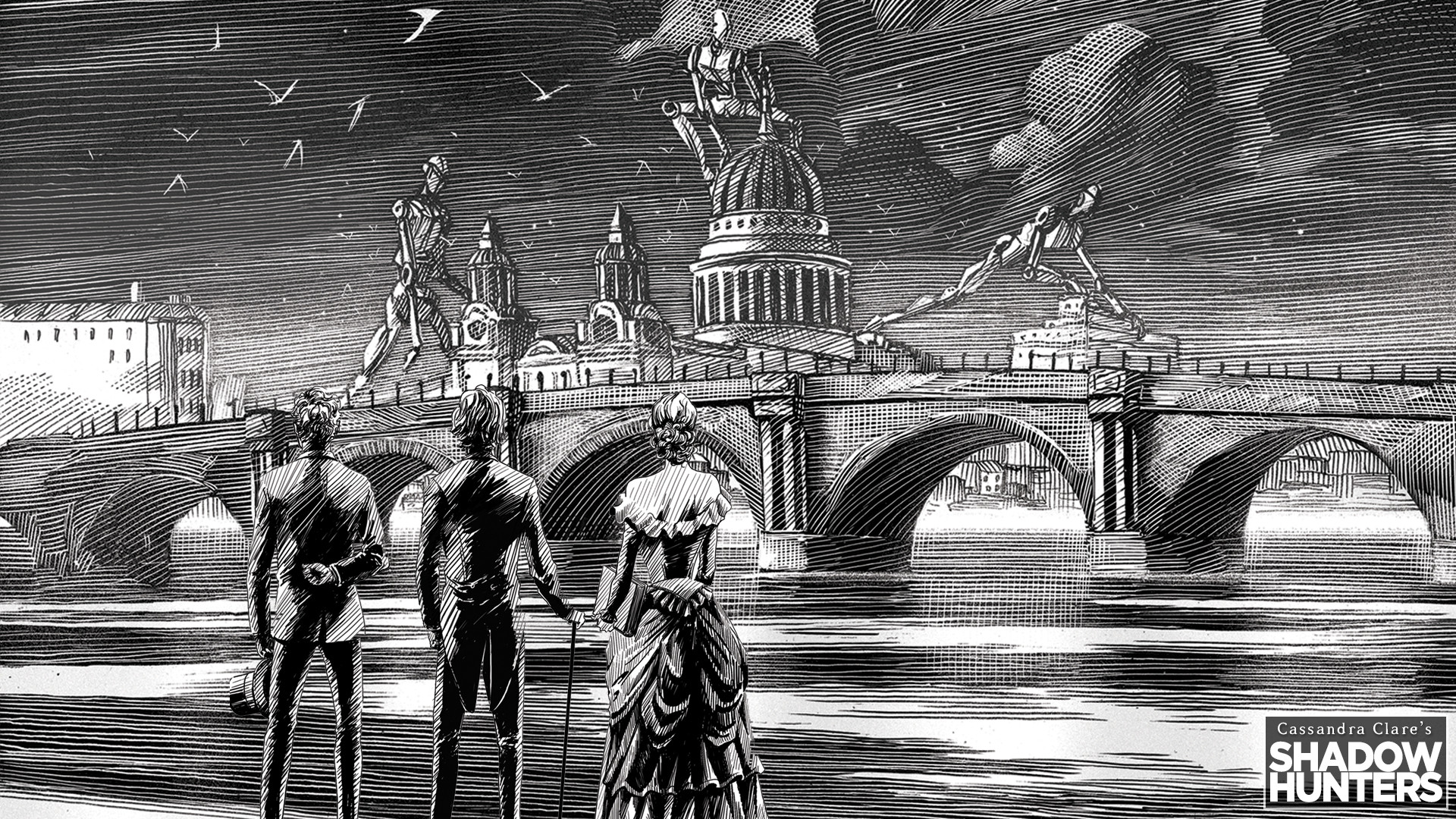 Shadowhunters, The Infernal Devices, Londra, Ponte, Illustrazione, Bianco e nero, sfondo per PC