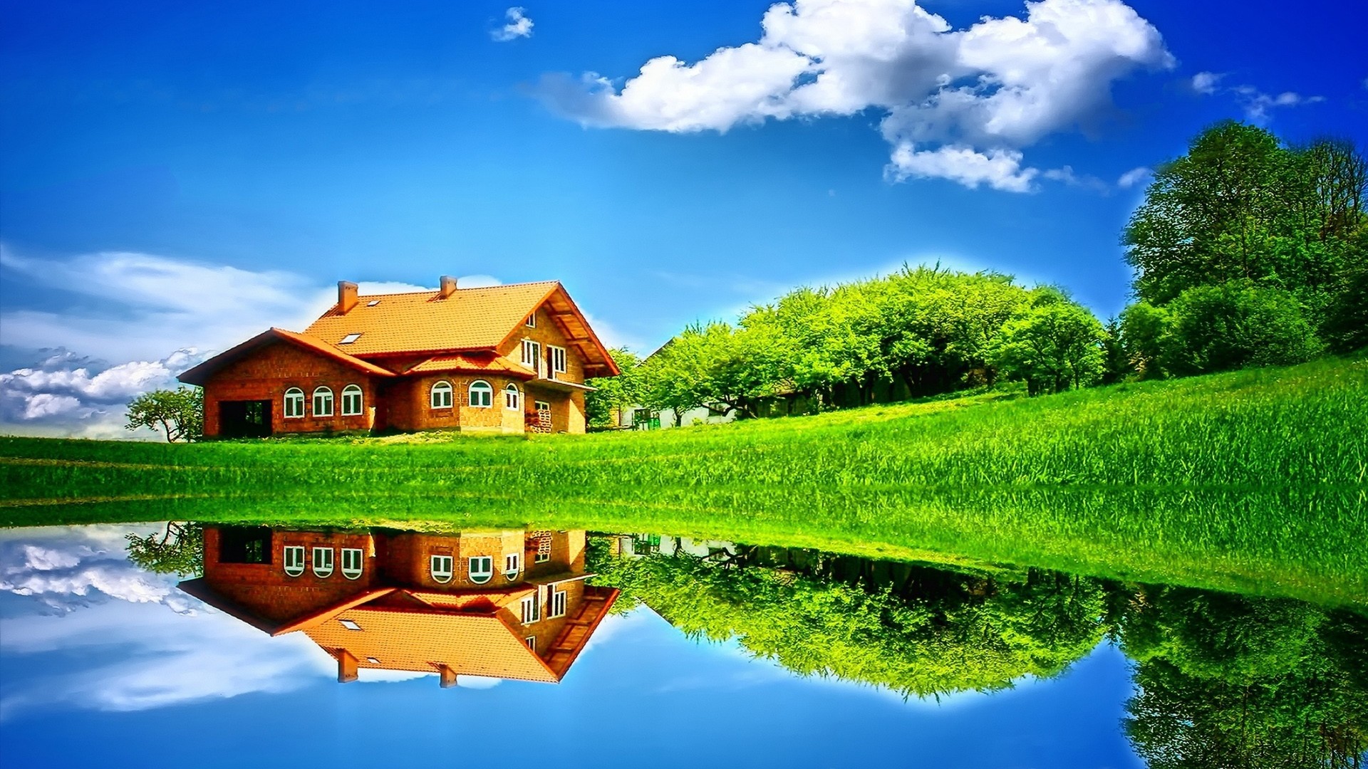 Casa di legno, Prato, Riflesso, Cielo azzurro, Full HD, sfondo per PC