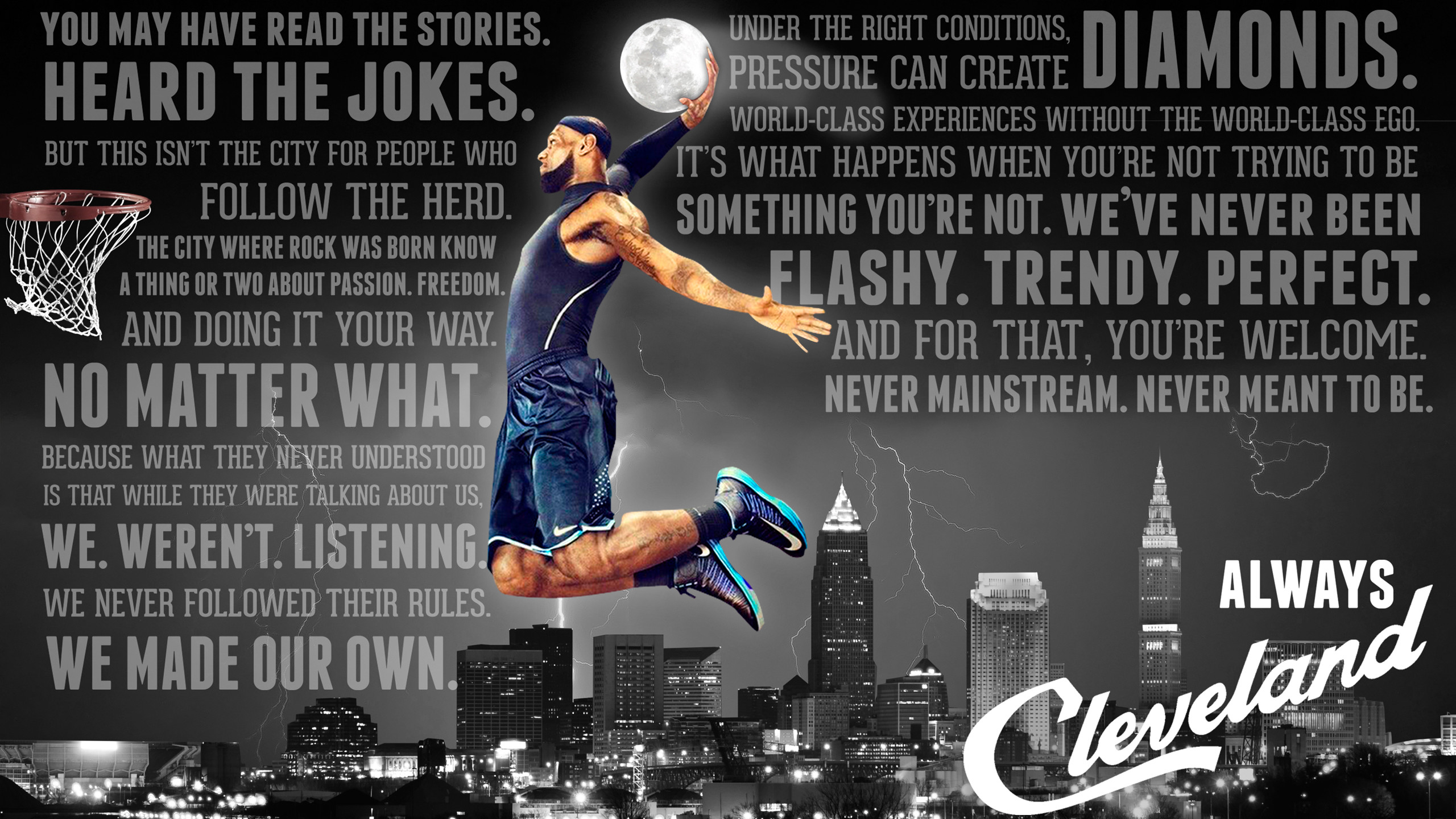 LeBron James, Always Cleveland, Cleveland, Tipografia, Bianco e nero, sfondo 2K per portatile