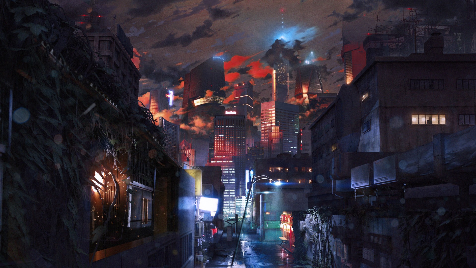 Città cyberpunk, Notte, Luci rosse, Vicolo, Full HD, sfondo per PC