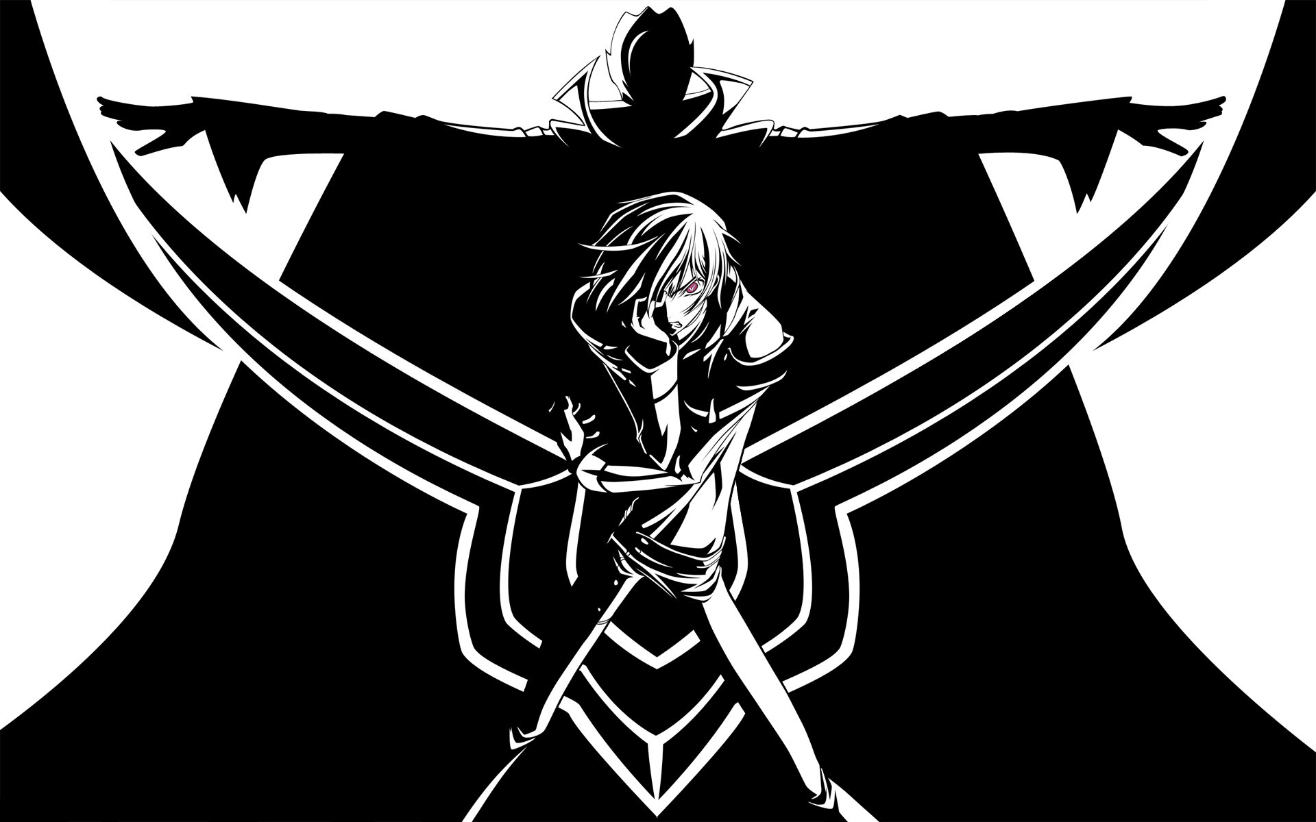 Lelouch Lamperouge, Code Geass, Simbolo del Geass, Bianco e nero, sfondo Windows 11