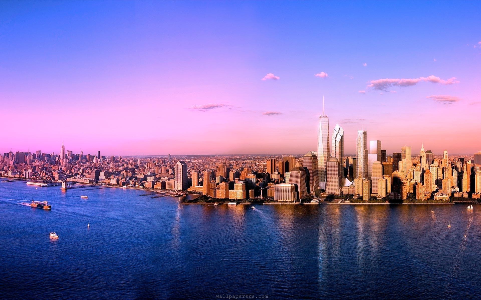 Lower Manhattan, One World Trade Center, Hudson, Tramonto, Full HD, sfondo Windows 11