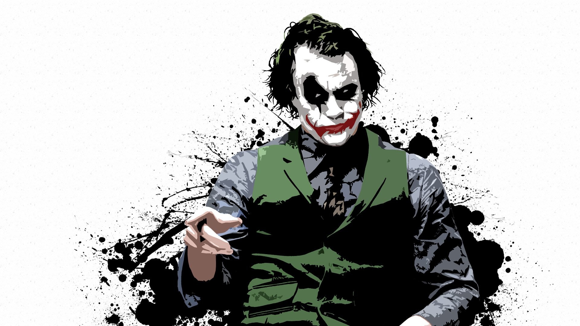 Joker, Heath Ledger, Il cavaliere oscuro, Schizzi d'inchiostro, Full HD, sfondo per portatile