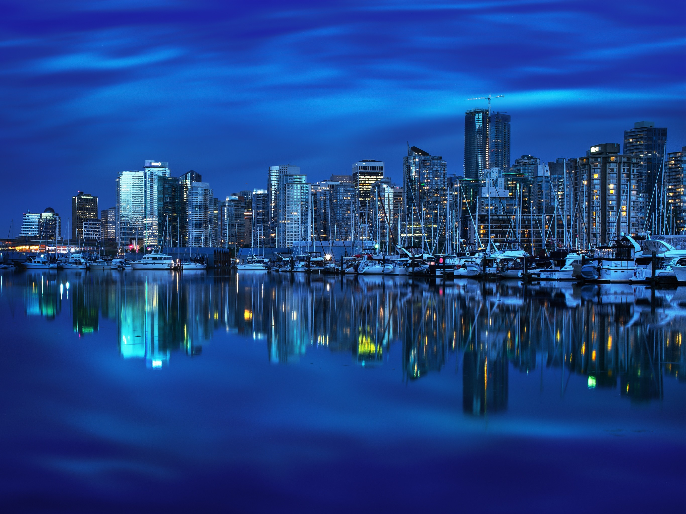Vancouver, Skyline, Notte, Riflesso, Blu, 2K, sfondo per iPad e tablet